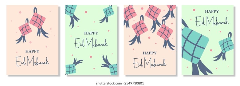 Conjunto de ilustrações criativas dos vetores Ramadã Kareem, Eid Mubarak, Eid al Adha e Eid al Fitr com ketupat, estrela, cor-de-rosa e verde para banner, cartão de saudação, cartaz, mídias sociais.