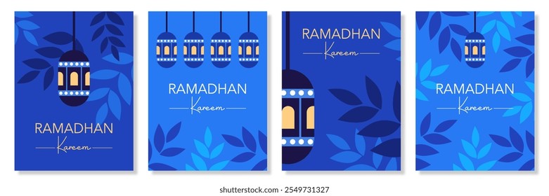 Conjunto de ilustrações criativas dos vetores Ramadã Kareem, Eid Mubarak, Eid al Adha e Eid al Fitr com caligrafia, lanterna, folhas em fundo azul para banner, cartão de saudação, cartaz, mídias sociais