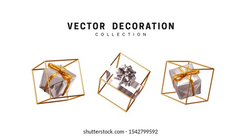 Set of creative realistic gift boxes in an empty golden cube. Festive decorative design elements. Decoration holiday objects. Vector illustration.