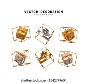 Set of creative realistic gift boxes in an empty golden cube. Festive decorative design elements. Decoration holiday objects. Vector illustration.