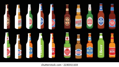 set of Creative realstic beer bottles with with different labels Mock up template blank for product packing advertisement. isolated on black background