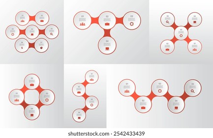 Set of creative red infographic templates with 4, 5 and 7 options, parts or steps. Presentation of nanotechnology, teamwork or business processes.