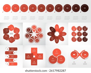 Set of creative red infographic templates with 2, 3, 4, 5, 6, 7, 8, 9 and 10 options, steps, parts or processes.