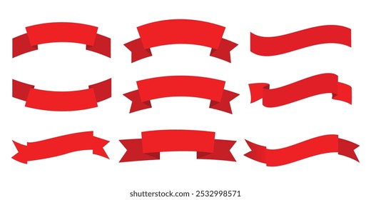 Set of Creative Red Ribbon Vector Illustrations.