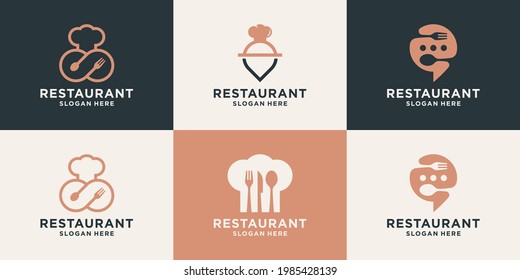 Set of creative restaurant logo design template. Food logo with combine icons infinity, pin location, talk, chef hat, fork, spoon.