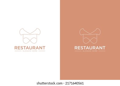Set of creative restaurant logo design template. Food and kitchen logo with combine icons infinity, pin location, talk, chef hat, fork, spoon.