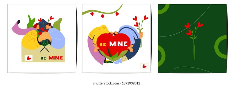 Diseño Vector Plano De Tarjetas De Saludo Creativas Del Día De San Valentín. Pareja Enamorada. Ilustración estilizada de la gente moderna.