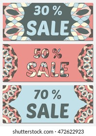 Set of creative sale banners with 30, 50, 70 percent discounts. Product promotion flyers, coupons, advertisement templates, vector illustrations.