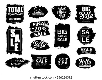 Set of creative sale grunge banners, frames, stickers, backgrounds. Hand drawn textures and design elements. Place for text, information, quote.   