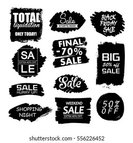 Set of creative sale grunge banners, frames, stickers, backgrounds. Hand drawn textures and design elements. Place for text, information, quote.   