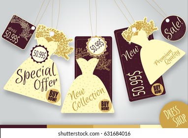 Set Of Creative Sale Or Price Tags For Woman Fashion Dress Shop. Dress Shape Hang Tags.Special Offer Tags, Gold And Dark Purple Labels Design. Price Tag, Buy Now.