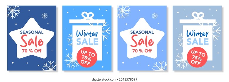 Conjunto de venta creativa con oferta especial para la temporada de invierno, ofreciendo descuento. Felices Navidades y Feliz Año Nuevo. Plantilla de fondo para publicidad, Web, redes sociales, póster, Anuncio, portada.