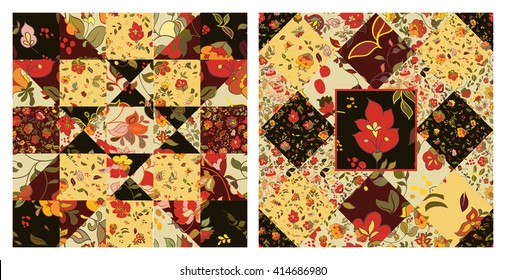 Set of Creative seamless patchwork pattern with flowers. Vintage boho style. Set of patchwork vector seamless patterns