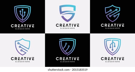 Set of creative shield logo design technology with line art and unique concept. icon logo for business company and personal. Premium Vector