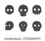 Set of creative skull illustrations made from coiled rope or wrapped wire textures. Vector stylized human skulls in a dark grey monochromatic art style