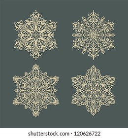 Set of creative snowflakes silhouettes with shadows.