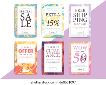Set of creative social media banners design for online shop or store. Trendy vector ad sale or clearance bright abstract backgrounds. Advertising web layouts.
