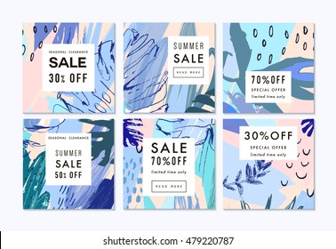 Set of creative Social Media Sale headers or banners with discount offer. Design for seasonal  clearance. It can be used in advertising, web design, graphic design. Vector illustration.
