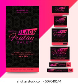 Set of creative social media sale web banners design for online shop or store. Black friday discount ad for mobile app. Trendy vector offer or clearance advertisement.