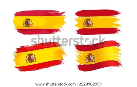 Set of creative Spanish flags. Handdrawn style. Abstract brushing shapes with flag of Spain background and isolated clipping mask. 3D waving and flat collection. Tourism emblem. Holiday concept.