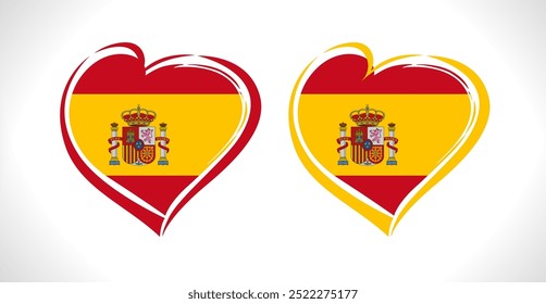 Set if creative Spanish hearts. I Love Spain logo idea. Red and yellow heart strokes. Welcome to Madrid invitation element. Tourism concept. Travel agency branding design template. Isolated shape.