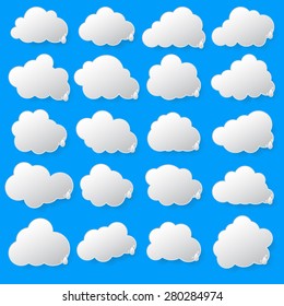 Set creative speech bubble made of paper clouds on light blue sky background. Background vector illustration and blank space for text. Cloud symbol or logo