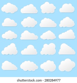 Set creative speech bubble made of paper clouds on light blue sky background. Background vector illustration and blank space for text. Cloud symbol or logo