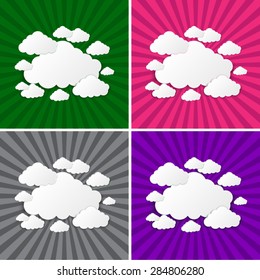 Set creative speech bubble made of paper clouds on sunrays yellow sky background. Background vector illustration and blank space for text. Presentation, infographic, banner