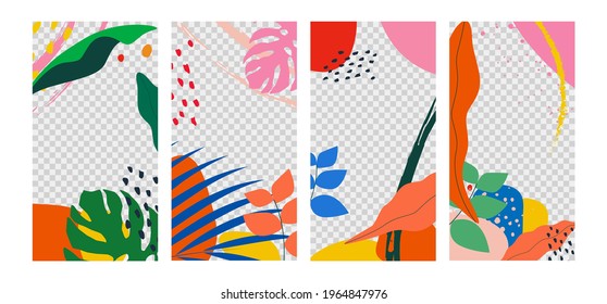 Set of creative spring or summer social media stories background templates with minimal abstract bright colorful shapes and tropical leaves. Vector  illustration