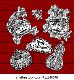 Set creative stickers for coloring on Halloween with pumpkins black and white or for banners