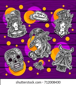 Set creative stickers for coloring on Halloween with witches owl skull black and white or for banners
