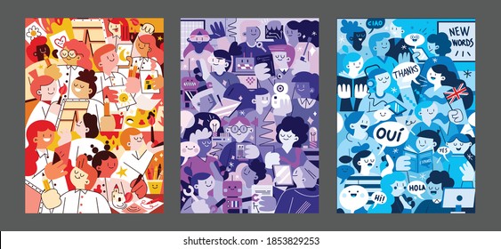 Set of creative student studied languages courses, Robotic courses, and Art Courses hand painted illustrations for wall decoration, postcard or brochure cover design. Vector EPS10