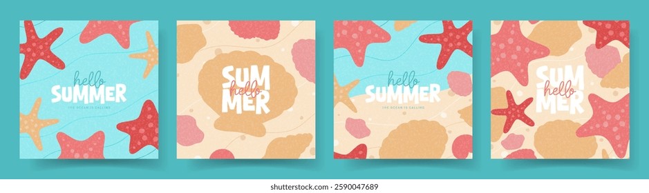 Set creative Summer cards. Vector banners with hand-drawn seashells and starfishes for decoration summer event, card, cover, ads, holiday, social media. Summer backgrounds with typography design.