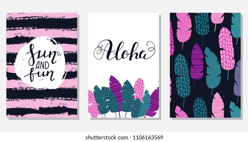 Set of creative summer floral cards in tropical style. Wedding, anniversary, birthday, Valentin's day, party invitations. Vector. Isolated.