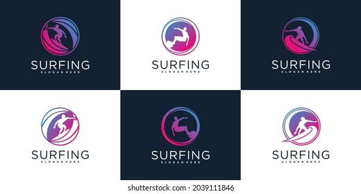 Set of creative surfing logo design collection with luxury gradients colour Premium Vector