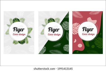 Set of creative template flyers, cards, posters with  tropical plants. Gray, green and rose colors. Vector illustration.
