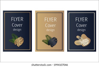 Set of creative template flyers, cards, posters with  tropical plants. Dark blue and gold colors. Vector illustration.