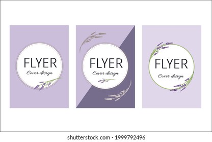Set of creative template flyers, cards, posters with a sprig of lavender. Delicate purple and beige colors. Vector illustration.