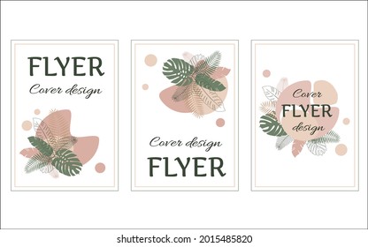 Conjunto de volantes de plantilla creativos, tarjetas, afiches con plantas tropicales. Tonos verdes, suaves y beige. Ilustración vectorial.