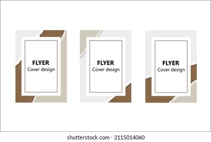 Set of creative template flyers, cards, posters withwith ripped craft paper. Gray, white and beige colors. Vector illustration. 