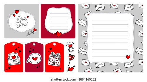Set of creative template Valentine's day cards and tags in doodle style with hearts and other love symbols. Romantic hand drawn February 14 gift tags, labels, flyers, posters, holiday invitations. 