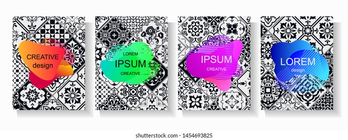 Set of creative templates with bright frames for cards, banners, placards, cover book, business cards. Vintage background from tiles. Web design. Trendy vector collection.