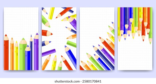 Set of creative templates with colorful pencils arranged around blank grid paper backgrounds for school designs, art projects, stationery, educational materials, creative presentations.Vector