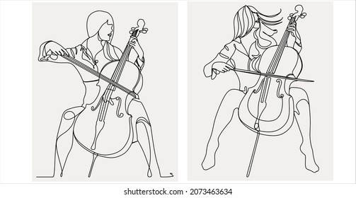 A set of creative templates. Continuous line. Women play the cello. Simple style hand drawn music style vector illustration
