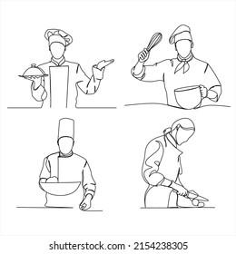 Set of creative templates of continuous line drawings of chef, toque chef hats isolated on white background. The chefs are holding a plate with a place to eat. One line chef vector