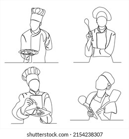 Set of creative templates of continuous line drawings of chef, toque chef hats isolated on white background. The chefs are holding a plate with a place to eat. One line chef vector