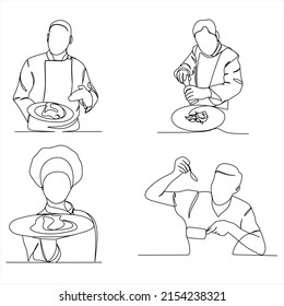 Set of creative templates of continuous line drawings of chef, toque chef hats isolated on white background. The chefs are holding a plate with a place to eat. One line chef vector