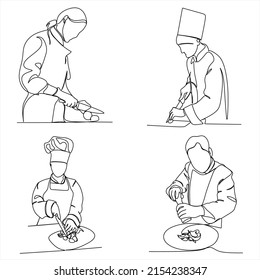 Set of creative templates of continuous line drawings of chef, toque chef hats isolated on white background. The chefs are holding a plate with a place to eat. One line chef vector