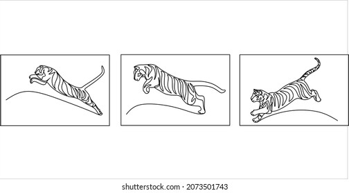Set of creative templates Continuous one line drawings. The tigers are jumping. Vector illustration