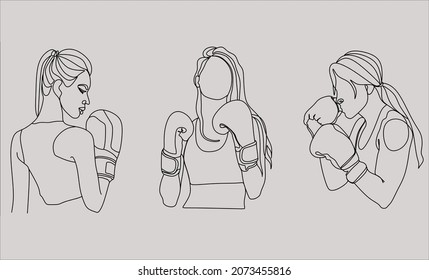 A set of creative templates. Continuously line art or one line drawing of healthy boxers. Vector illustration.